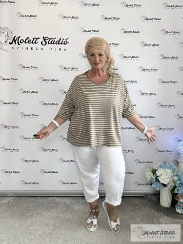 Mira bézs-barna csíkos pamut póló